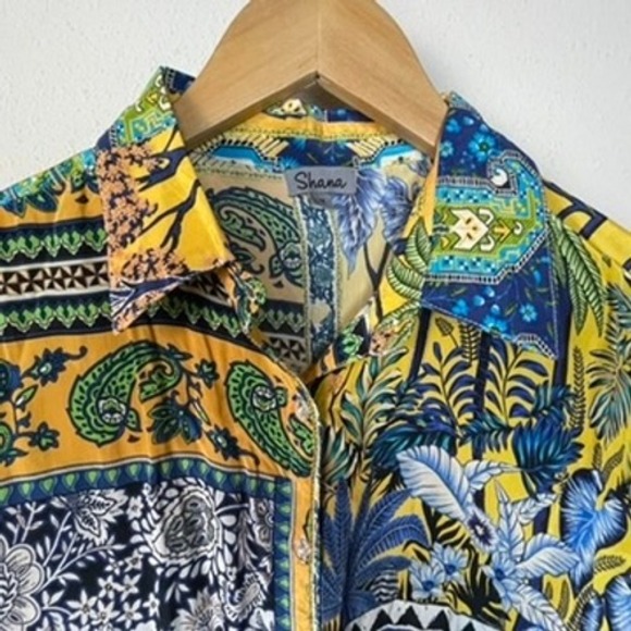Shana Viscose Silk Tropical Floral Print Button Down Shirt Women's Medium Boho - Picture 2 of 8